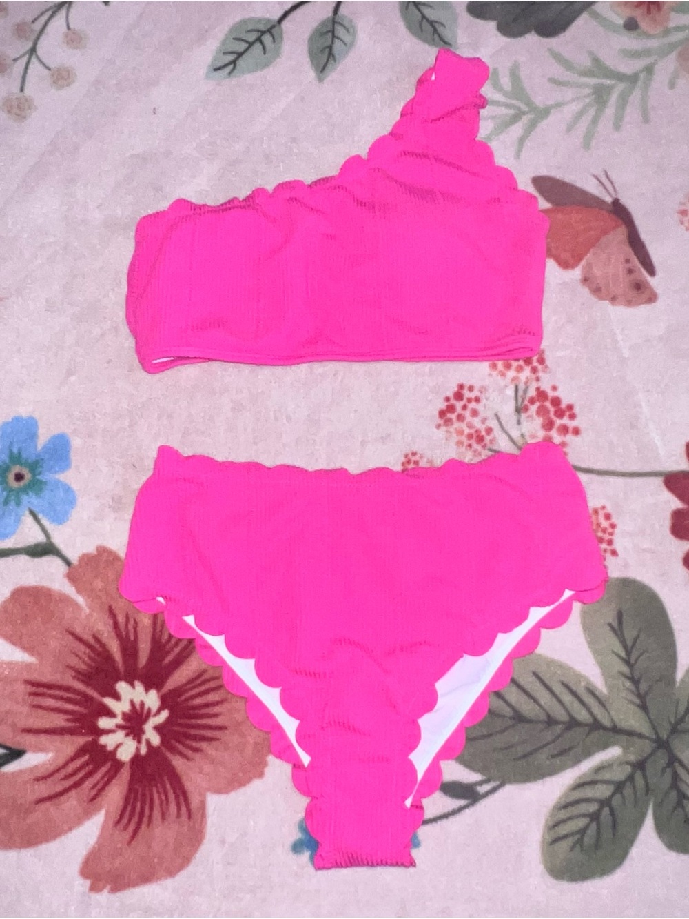 Hot Pink Scalloped One-Shoulder Bikini Set